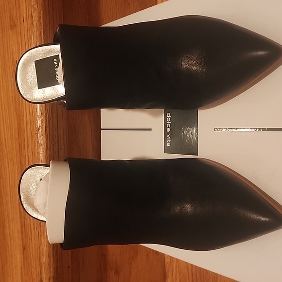 NIB Dolce Vida "Enyo" Black Leather Pointed Toe Mules Wood Heels 9.5M - Picture 8 of 13